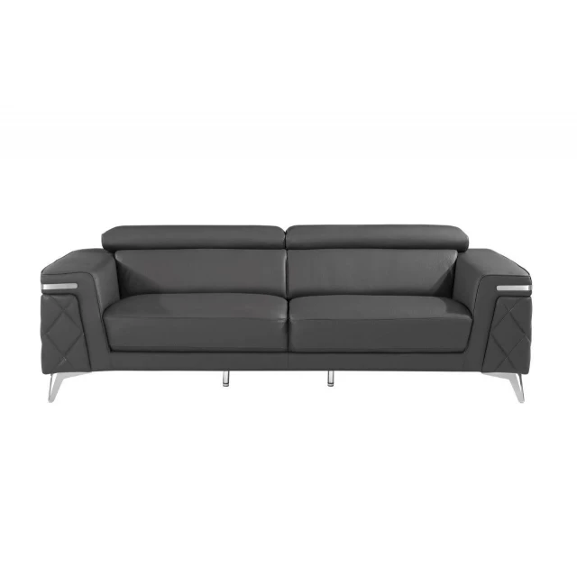 Gray silver Italian leather sofa with comfortable cushioning and wooden frame
