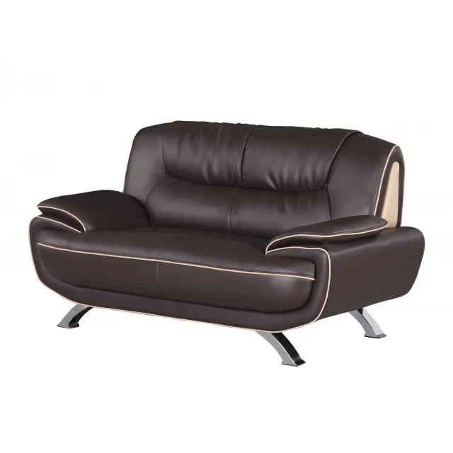 Brown silver faux leather love seat with wood armrests and comfortable rectangle design for cozy living room decor