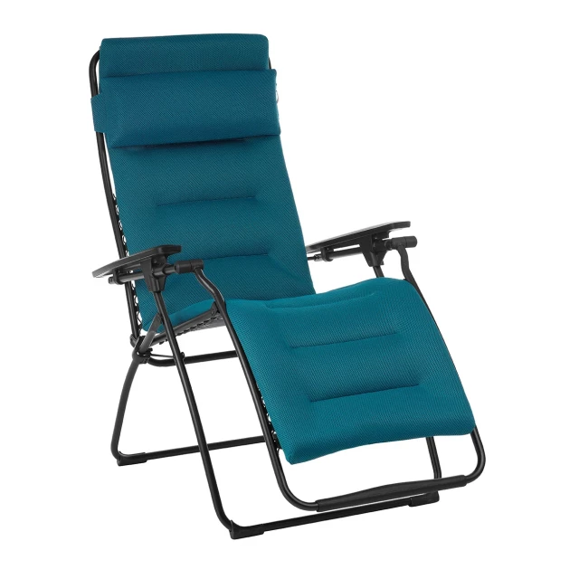 Blue cushioned metal zero gravity chair for outdoor relaxation