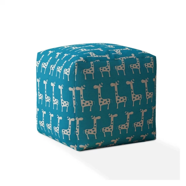 Blue and white cotton giraffe pattern pouf cover on shelf