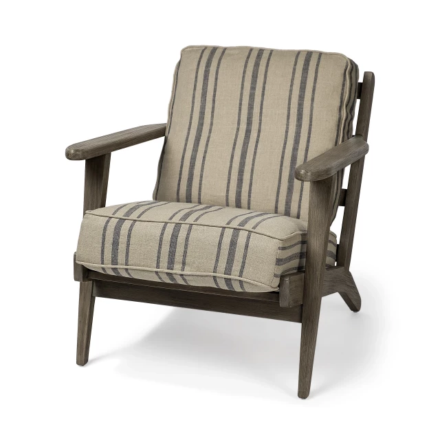 Fabric wrapped accent chair with wooden frame and armrest for comfortable indoor seating