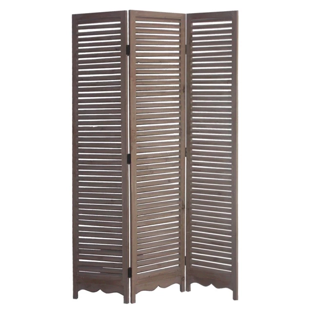 Wood shutter panel room divider screen with symmetrical pattern and grille design