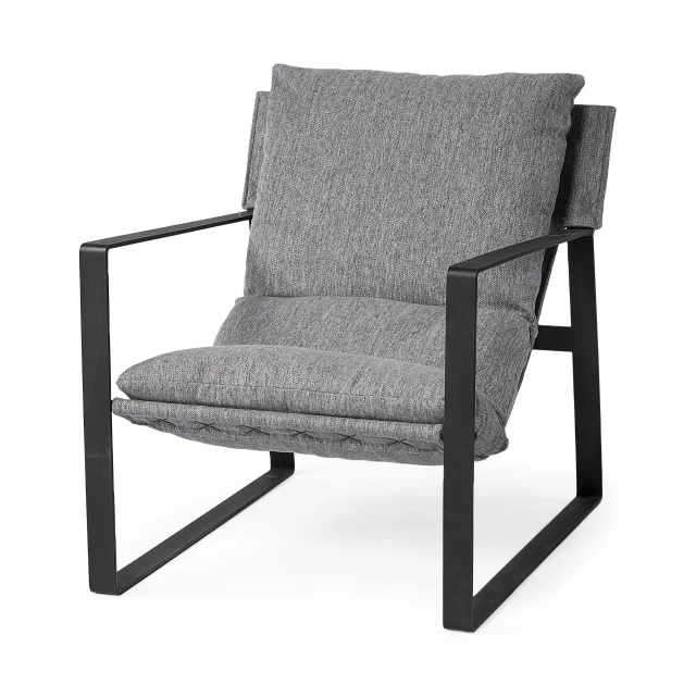 Stone gray black metal sling chair with armrests and wood accents for outdoor comfort