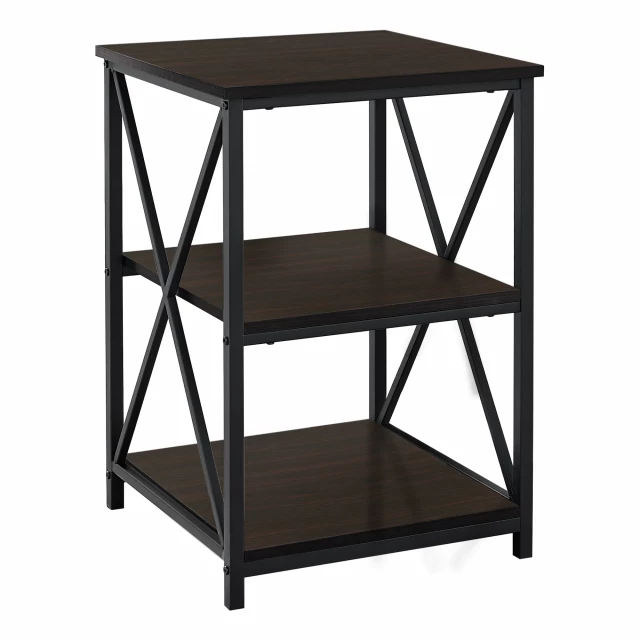 Espresso black metal accent table with rectangular wood top and shelf