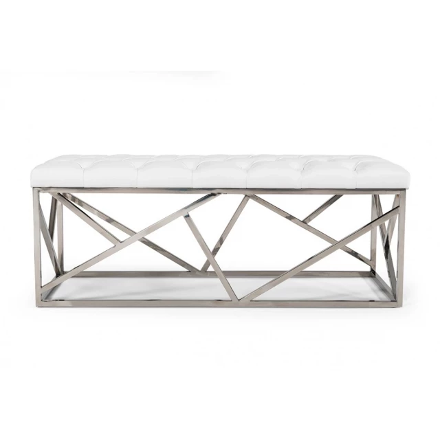 White silver upholstered faux leather bench with modern design for indoor comfort and style