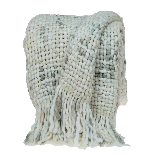 Boho neutral basketweave throw blanket featuring woolen art pattern for creative outerwear