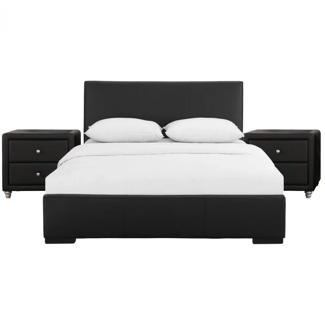 Wood black standard bed with upholstered headboard in bedroom setting