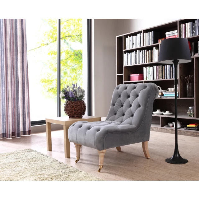 Foam wood velour tufted accent chair with comfortable plush seating and elegant bookcase background