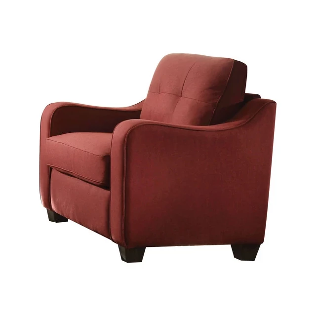 Red linen chair with armrests and wooden legs for comfortable outdoor seating