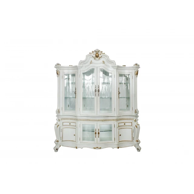 Wood polyresin glass mirror hutch buffet with symmetrical facade and architectural molding details