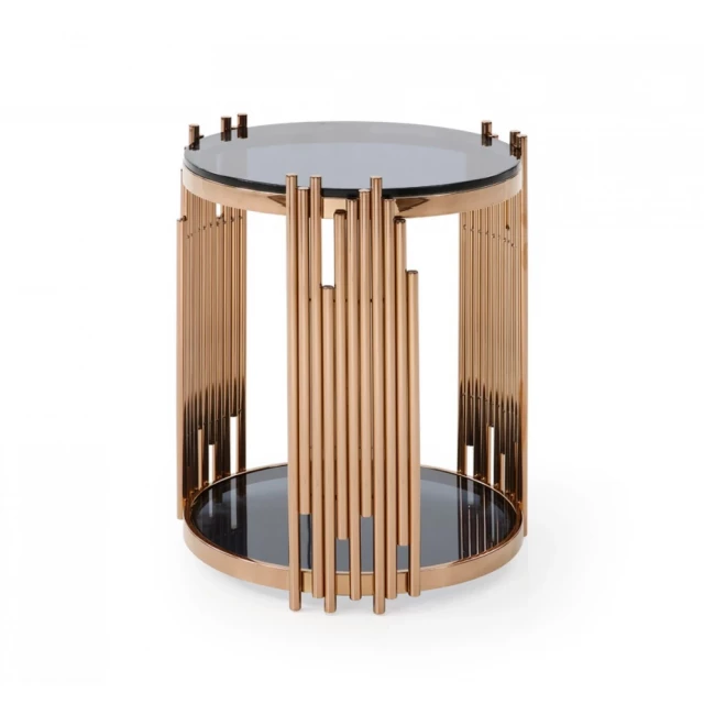 Rose gold smoked glass end table with wood stain and metal accents