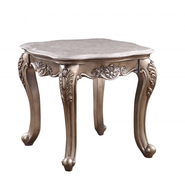 Champagne marble polyresin rectangular end table with brown beige wood stain finish in furniture setting