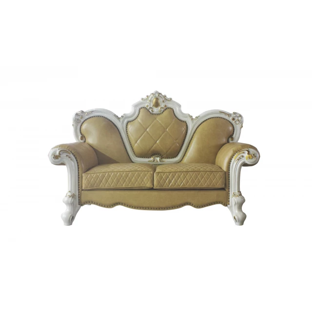 Pearl faux leather loveseat with toss pillows featuring comfortable beige hardwood flooring design