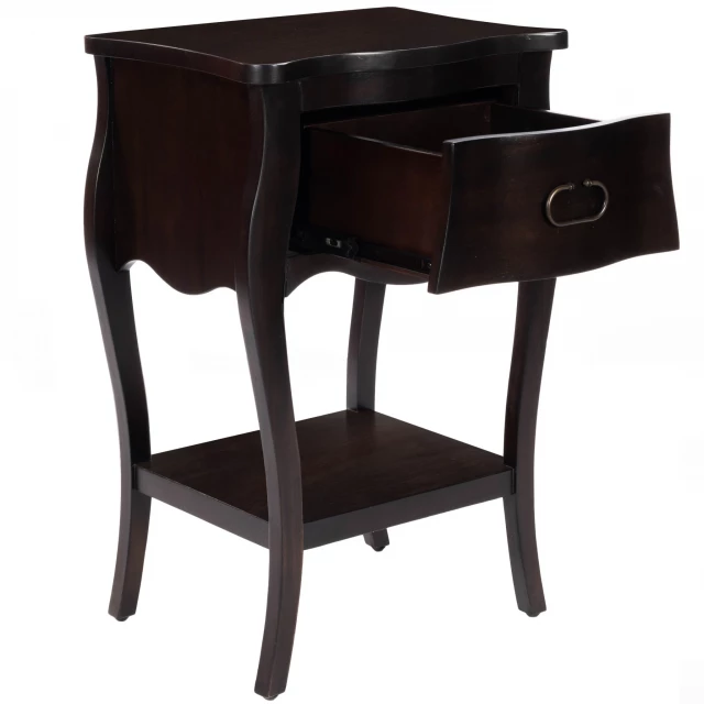 Brown chocolate single drawer nightstand with wood art and metal accents