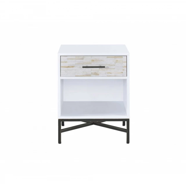 White and black wooden nightstand with shelving for bedroom furniture