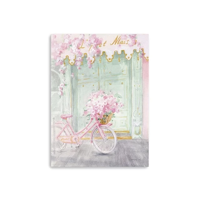 Unframed Pink Paris print wall art with flowers bicycle and plant motifs
