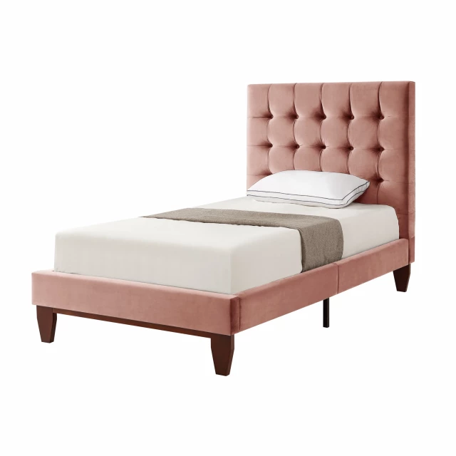 Full-size tufted upholstered velvet bed in a wood finish