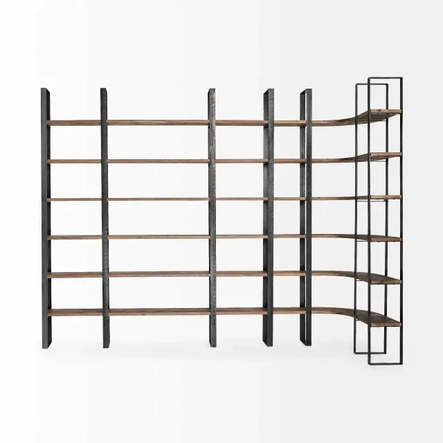 Curved Dark Brown Wood And Black Iron 6 Shelving Unit Curved Dark Brown Wood And Black Iron 6 Shelving Unit