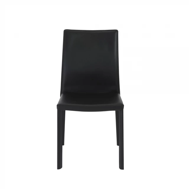 Black upholstered leather dining side chairs with wood armrests and comfortable rectangle seat