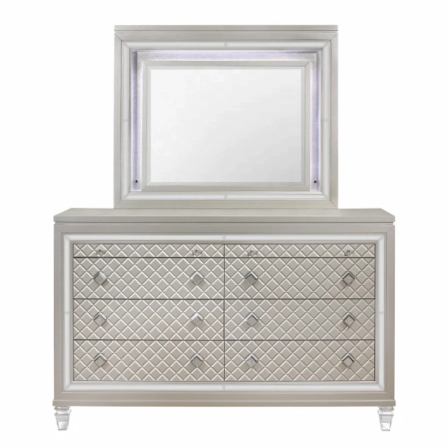 Modern dresser with tapered acrylic legs and jewelry drawers