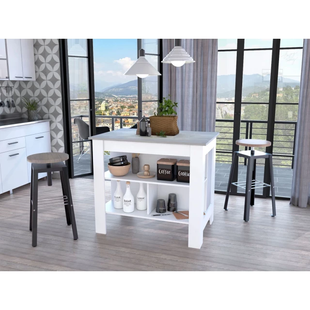 Marble white kitchen island with storage shelves and wood flooring
