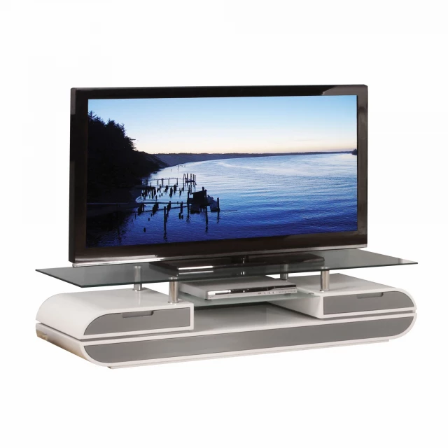 Modern wood glass metal veneer TV stand with sleek flat panel display