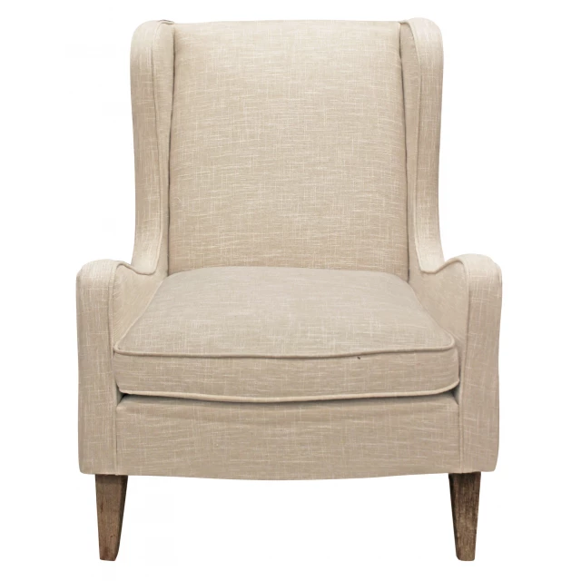 Natural linen solid lounge chair with wood armrests and hardwood frame