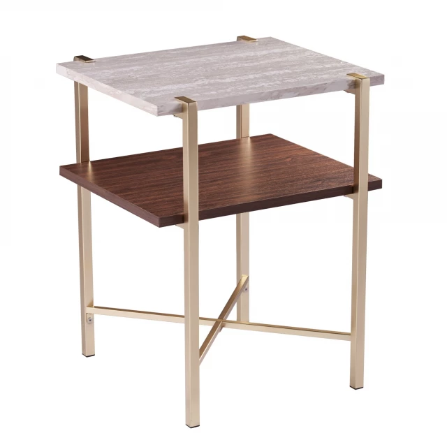Wood iron square end table with shelf and wood stain finish