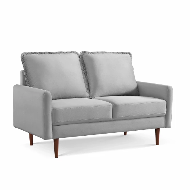 Gray dark brown velvet loveseat with wood accents and comfortable rectangle studio couch design
