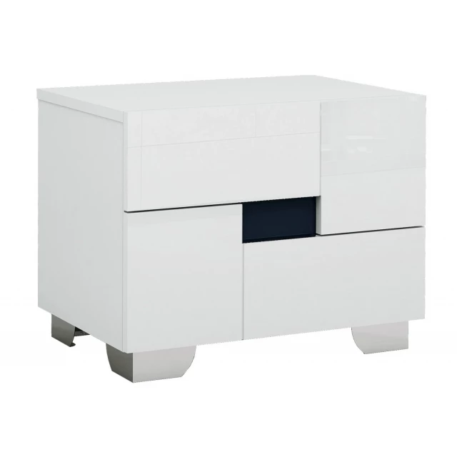 Superb white high gloss nightstand with shelving and modern cabinetry design