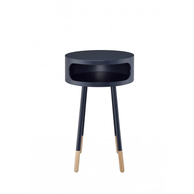 Black retro round wooden end table in an online shop setting