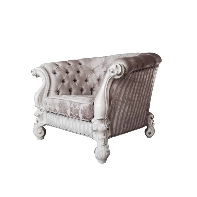 Bone fabric damask tufted barrel chair with armrests and wood accents for comfortable seating