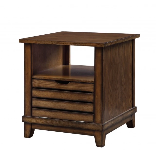 Oak manufactured wood square end table with chest of drawers design and hardwood finish