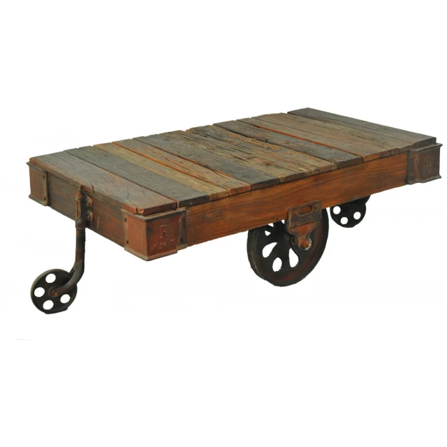 Solid wood rectangular distressed coffee table with wood stain finish and rolling wheels