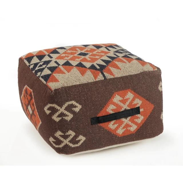 Brown cotton blend ottoman with artistic wood accents