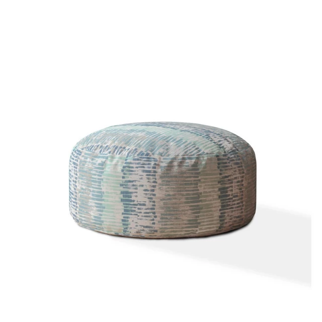 Blue canvas round abstract pouf ottoman with art-inspired wicker design elements