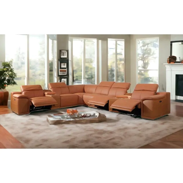 Camel Italian Leather Power Reclining U Shaped Eight Piece Corner Sectional With Console Camel Italian Leather Power Reclining U Shaped Eight Piece Corner Sectional With Console