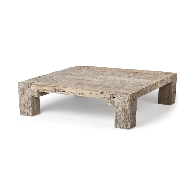 Natural rectangular distressed coffee table in outdoor setting