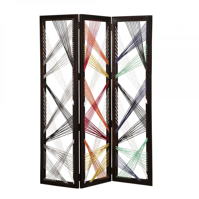 Multicolor fabric wood traverse screen with geometric patterns and symmetrical design