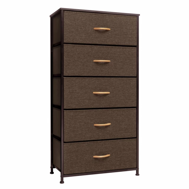 Brown steel fabric five drawer chest for bedroom storage