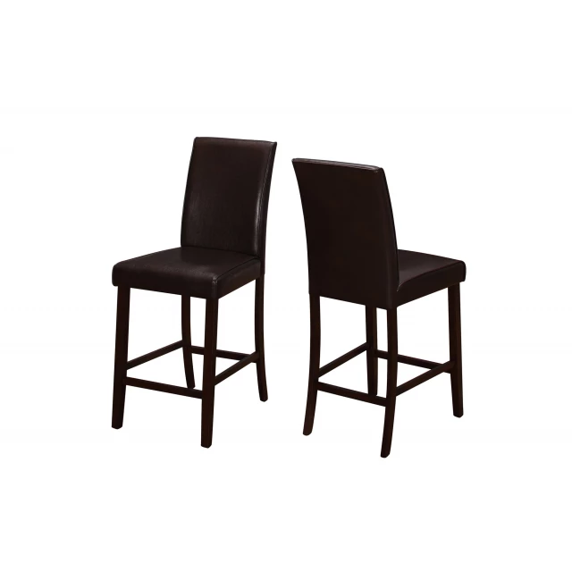 Leather look counter height dining chair with wood armrests and comfortable seating