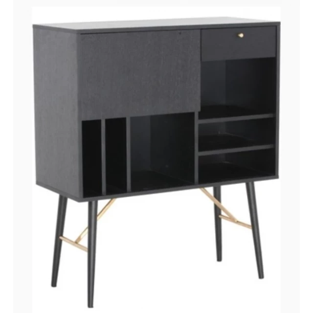 Black MDF glass buffet furniture with shelving and wood details