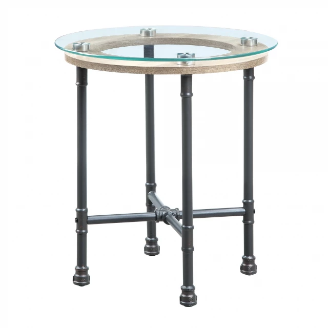 Clear glass and metal round end table with pedestal base