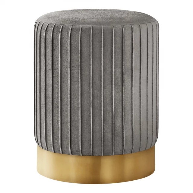 Gray velvet gold round ottoman with wooden base and metal details