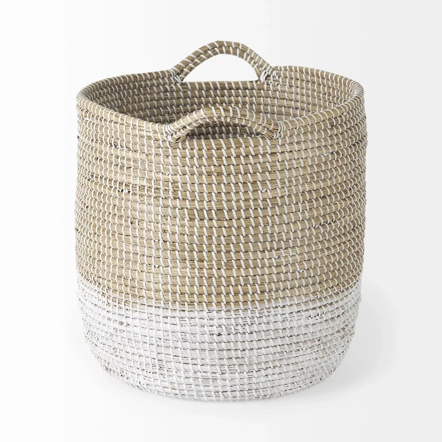 beige white storage baskets made of natural wicker material