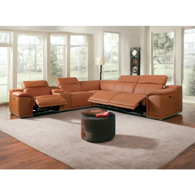 U-shaped six corner sectional console in a cozy room with brown couch