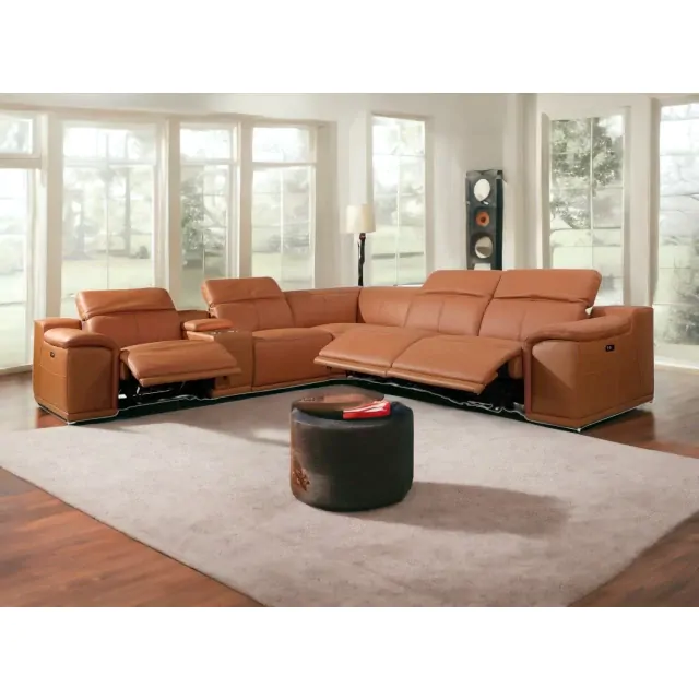 Camel Italian Leather Power Reclining U Shaped Six Piece Corner Sectional With Console Camel Italian Leather Power Reclining U Shaped Six Piece Corner Sectional With Console