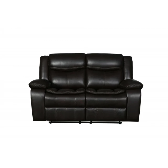 Brown faux leather manual reclining love seat with armrests and wood accents