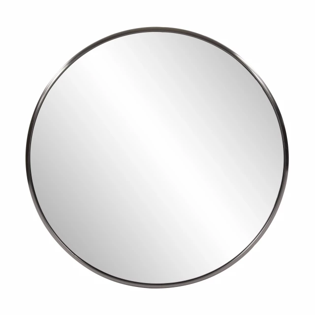 Brushed titanium round wall mirror product image featuring metal dishware and serveware elements for home decor events