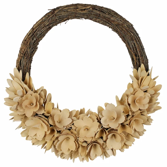 Tan artificial wood curl wreath with twigs and natural material accents for home decor
